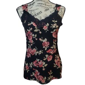 Floral Lace Trim Black and Pink Women's Top White House Black Market